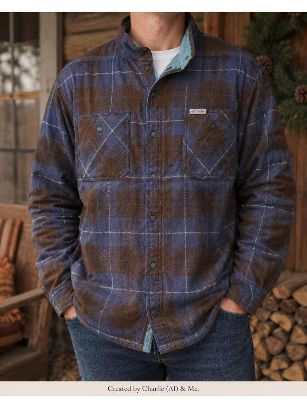 Columbia Men's XL Brown Blue Plaid Fleece Lined Snap Shirt Jacket Shacket